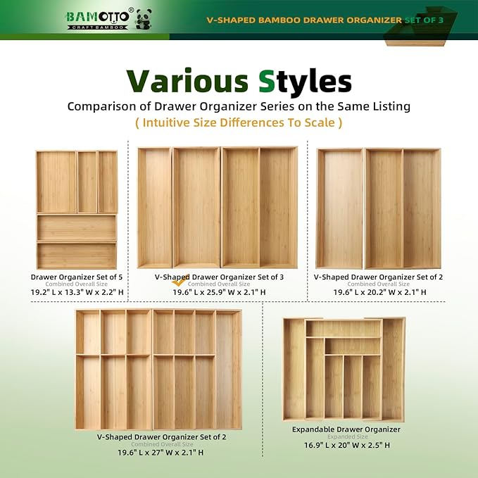 BAMOTTO CRAFTBAMBOO V-Shaped 3-Pack 19.6" Long Bamboo Drawer Organizer Box - Easy Reach Cutlery Tray for Flatware Silverware Utensil, Kitchen & Home Use (19.6"x5.7"/19.6"x7.8"/19.6"x12.4")