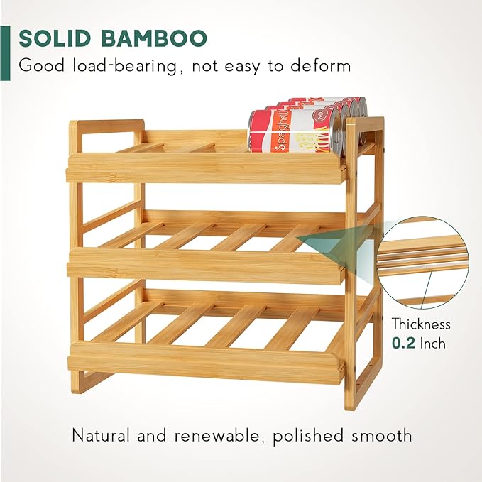 Yumkfoi Bamboo Can Organizer for Pantry, 3 Tier Stackable Can Storage Organizer Pantry with Label Sticker and Marker Pen, Can Holders for Cabinet and Can Rack Organizer (Natural Bamboo)
