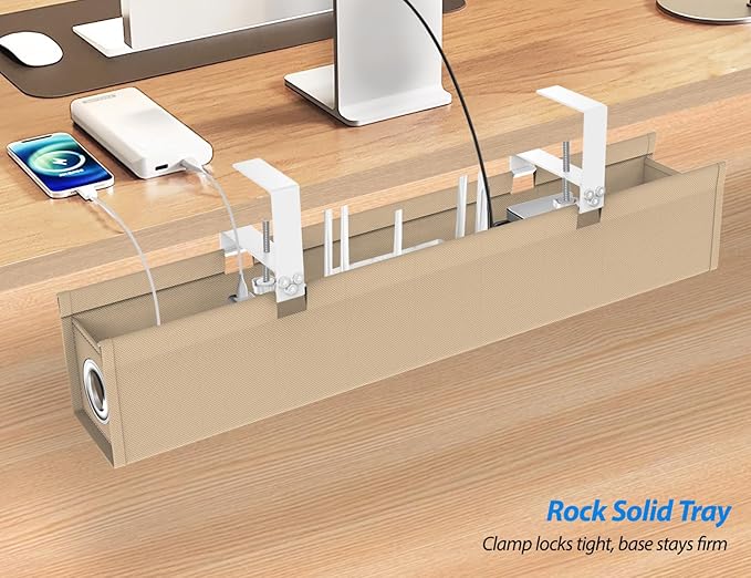 [Upgraded] Large Under Desk Cable Management Tray No Drill, Suolaao 30" Cord Organizer with Oxford Fabric, Clamp Mount, Holds 30 lbs, Large Cable Rack for Gaming & Home Office Standing Desk