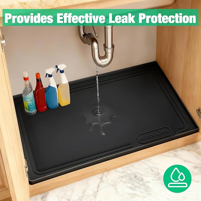 Aisslro Under Sink Mat 34" X 22", Waterproof Silicone Cabinet Organizer Protector with Raised Edge, Kitchen & Bathroom Leak Tray, Shelf Liner & Pet Feeding Mat for Dog Cat Food Mats, Black