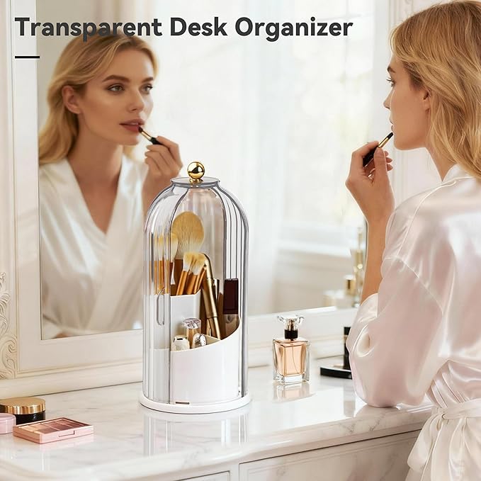 360° Rotating Makeup Brush Holder with Lid, Transparent