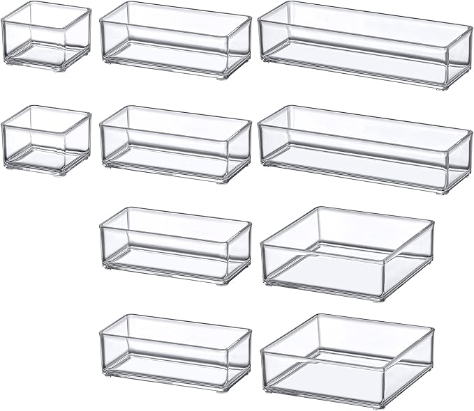 Amazing Abby - QuickSort - Plastic Stackable Organizers (10-Piece Set) for Vanity and Desk Drawer, Perfect Storage Solution for Beauty Products, Office Supplies, Decorative Items, and More