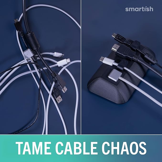 Smartish® Magnetic Cord Holder - Bigger Cable Wrangler Organizer with Magnet Clips for Charger Management on Desktop, Nightstand - Holds 6+ Cables - Black Tie Affair