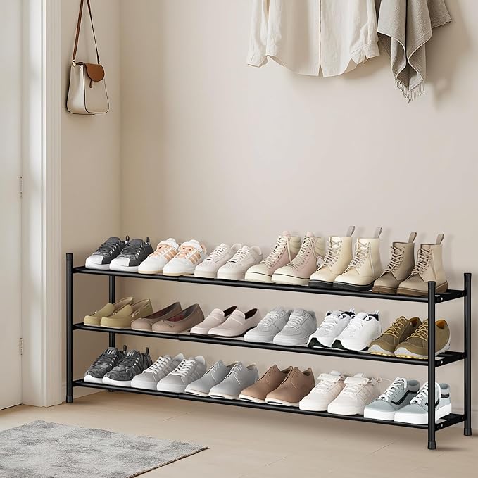 STORAGE MANIAC Long Expandable Shoe Rack, 18 Pairs Metal Wide Stackable Shoe Rack, Adjustable Shoes Shelf, Freestanding Shoes Organizer for Closet, Entryway, Hallway, Garage, Front Door, 3 Tiers