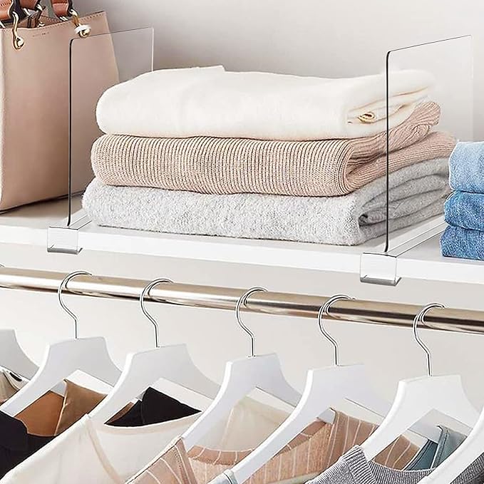 BAUMFEUER 10 Pack Clear Acrylic Shelf Dividers for Closet Shelf Organizer of Bedroom Kitchen Office Bathroom Organizer for Clothes Books Hats and Handbags