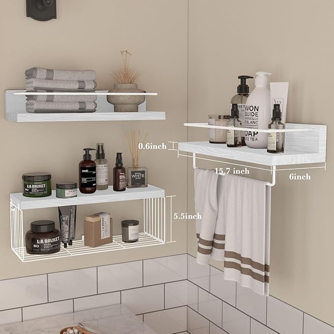 PopiShelves Bathroom Shelves Over Toilet for Wall, Floating Shelves with Storage Basket Paper Holer for Kitchen Living Room, Bedroom & Classroom, Set of 3 (White)