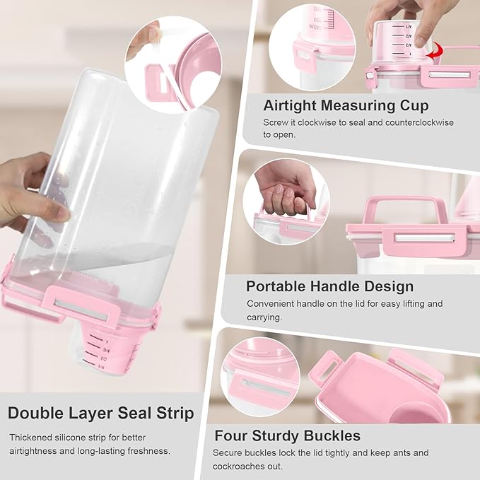 Dog Cat Food Storage Container 3-5lb, Pet Food Container Airtight with Large Spout & Cup, BPA-Free Plastic Food Dispenser for Pet Food, Bird Seed, Rice, Flour (Pink (3L-1pack))