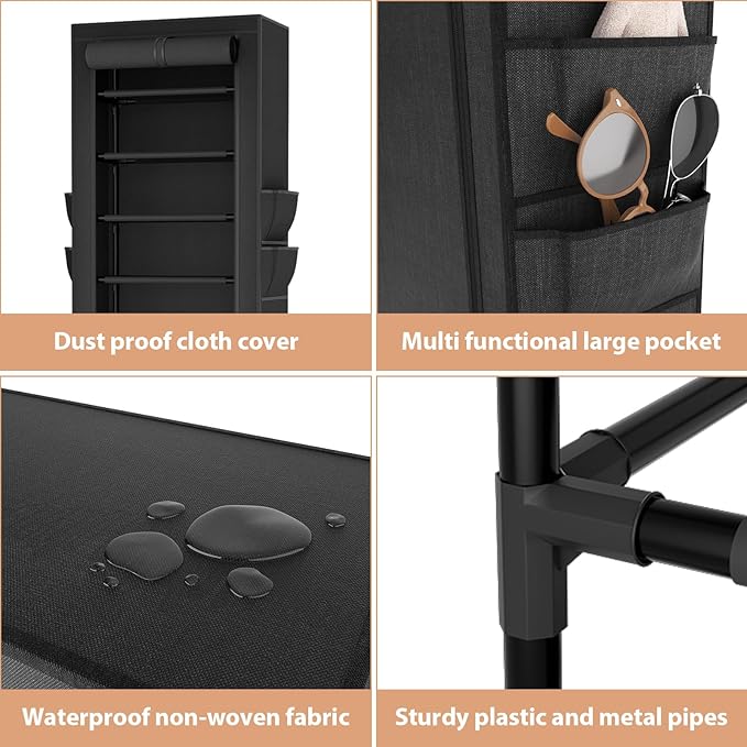 VTRIN Vertical Narrow Shoe Rack Organizer 10 Tier Tall Shoe Shelf Holds 20-22 Pairs with Non-Woven Dustproof Cover for Closet, Entryway Black