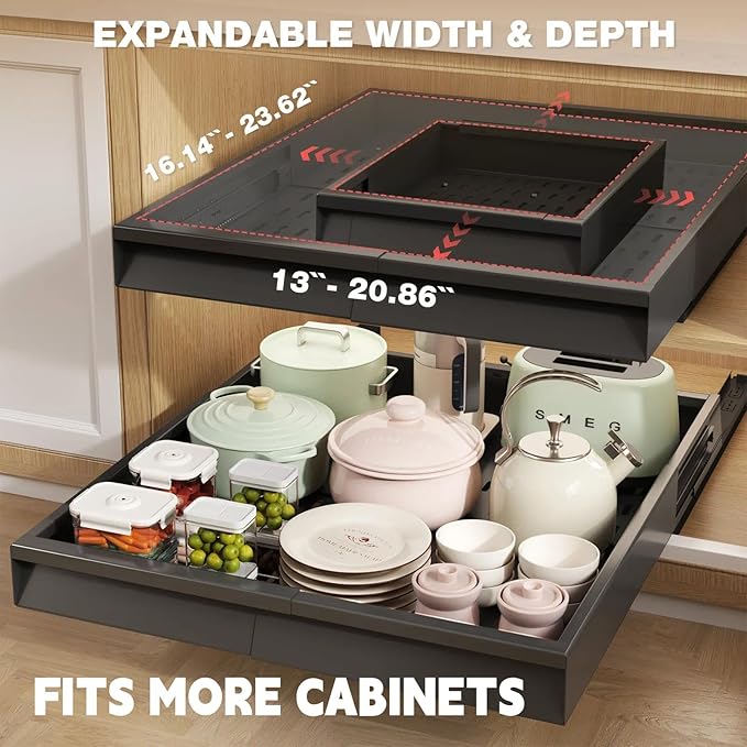 Seinloes Pull Out Cabinet Organizer, 4-Side Expandable to Fit Most Cabinets, 3 Rail Slide Out Drawers with Raising Pad for Framed & Frameless Cabinets, 13"-21" W x 17"-24" D, Black, 4 Pack