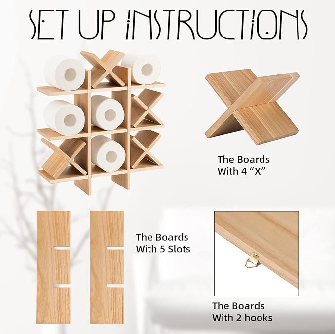 Weysat Tic Tac Toe Toilet Paper Holder Stand Bathroom Wall Decor Rustic Wooden Hanging Storage Freestanding Wall Mounted Shelves Decor for Toilet Tissue Farmhouse