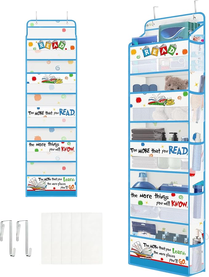 Clastyle Dr Read Quotes Over the Door Organizer with Clear Window Mesh Pocket 44 lbs Weight Capacity Nursery Hanging Shelf for Diaper Toy Closet Door Storage for Bedroom Bathroom Pantry