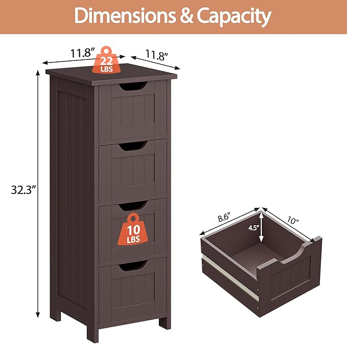 Bathroom Floor Storage Cabinet, Freestanding Wooden Side Organizer w/4 Drawers & Anti-Tip Kit for Bathroom Living Room Hallway Office Study, Coffee