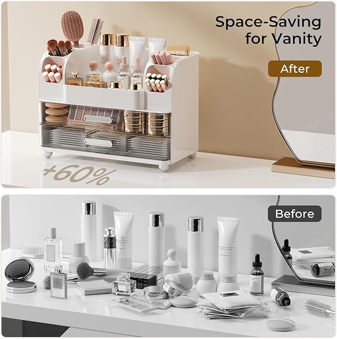 Makeup Organizer for Vanity with 2 Large Drawers, White