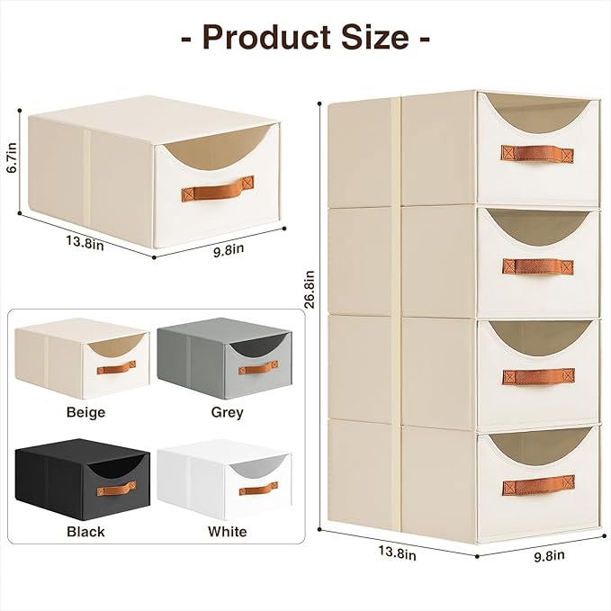 Homsorout Stackable Storage Drawers - Collapsible Storage Bins with Drawers, 6 Pack Closet Shelf Organizer Basket, Fabric Pull Out Organizer for Bedroom, Living Room, Dorm, Beige