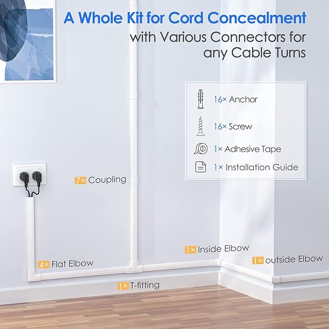 Cord Hider, 125In Cord Covers for Wall Mounted TV, White Cable Management Kit