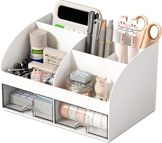 Desk Organizer with 6 Compartments and 2 Drawers, White