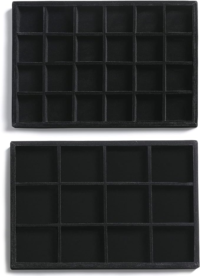 Frebeauty Stackable Velvet Jewelry Organizer Trays for Drawers Inserts Jewelry Storage Tray Display Case, Stud Earrings Bracelets Necklace Rings Accessories Trays for Women (Set of 2 Black)