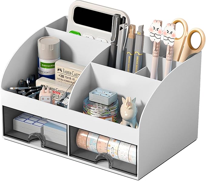 COMFYROOM Desk Organizer with 6 Compartments and 2 Drawers, Plastic Makeup Organizer, Pen Holder for Desktop Storage, Desk Organization for School, Home, Office Supplies (Grey)