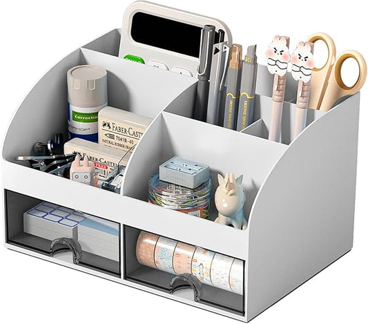Desk Organizer with 6 Compartments and 2 Drawers, Plastic Makeup Organizer, Grey