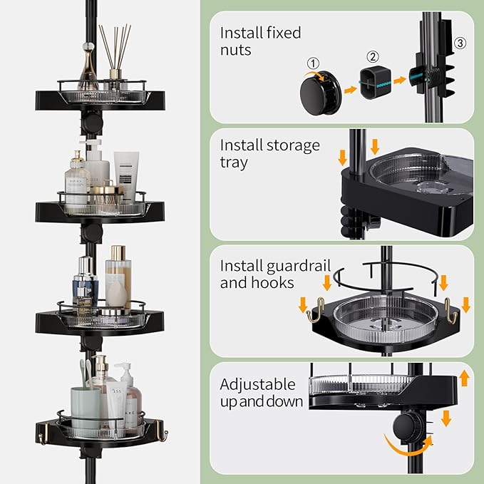 akinbas Shower Caddy Tension Pole with 4 Lazy Susan Organizer 360 Rotating 35-128 Inch No Drilling Floor Standing Shelves Adjustable Shower Rack for Bathroom Corner (Black)