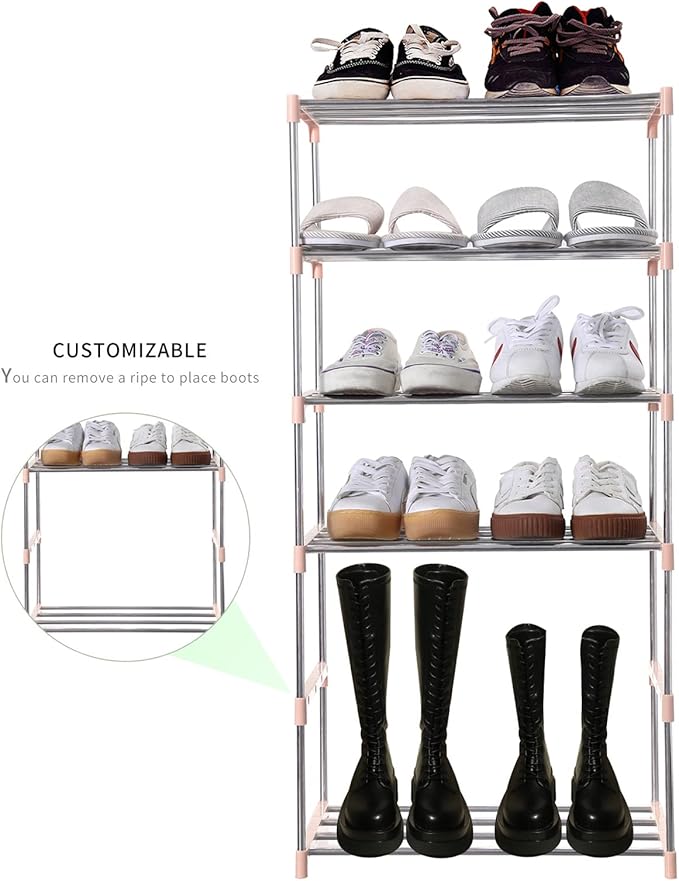 Jucaifu Stackable Small Shoe Rack, Entryway, Hallway and Closet Space Saving Storage and Organization (4-Tier, Pink)
