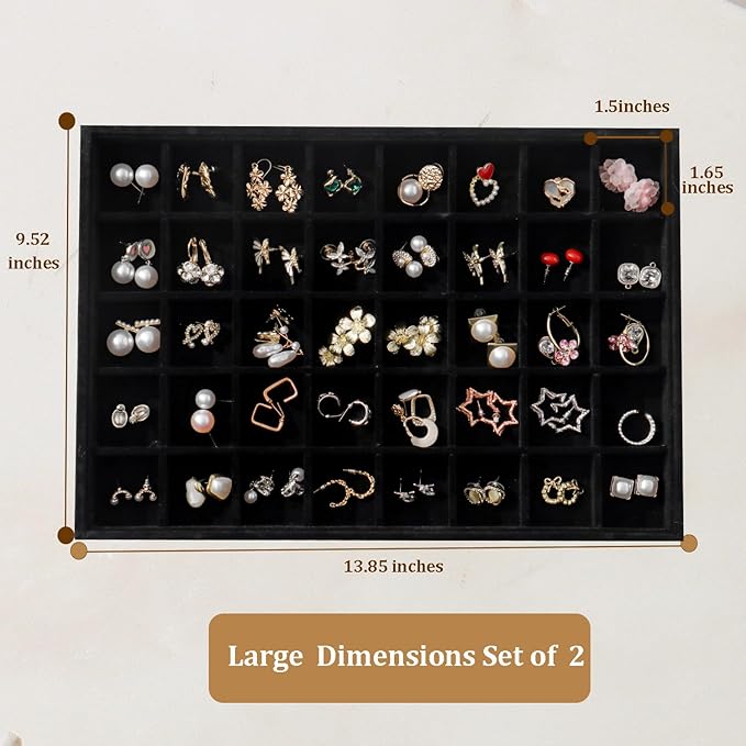 Large Velvet Jewelry Tray 2 Pack Stackable Jewelry Display Drawer Inserts Trays Organizer for Earring Bracelet Necklace Ring (Black, 40 Grids)