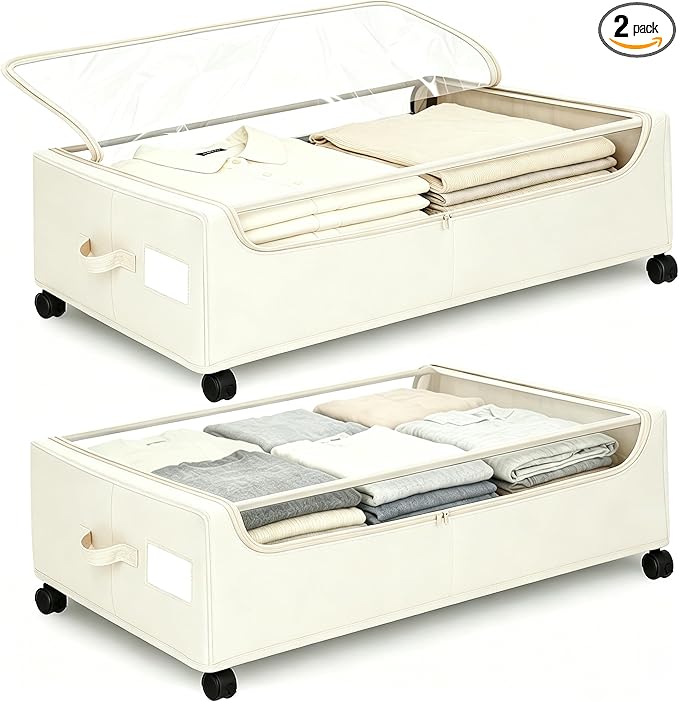 Under Bed Storage with Wheels, 2 Pack Under Bed Storage Containers, 10.6 inches Tall Underbed storage bins on Wheels, Rolling Under the Bed Metal Drawers for Clothes, Blankets, Shoes (XXXL, 90L)