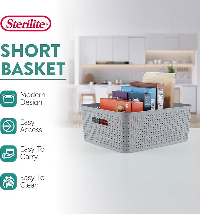 Sterilite 12 Pack Plastic Storage Bin Organization Containers, Short Baskets, Cement