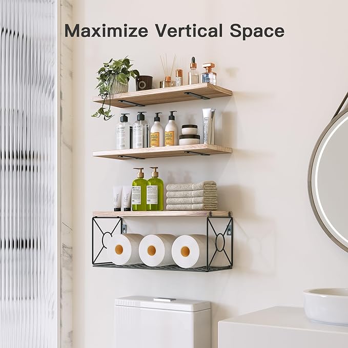 Amada Bathroom Shelves Over Toilet with Storage Basket, Floating Wall Shelf for Home Organization & Wall Decor, Bathroom/Kitchen/Living Room Shelves–Natural Wood