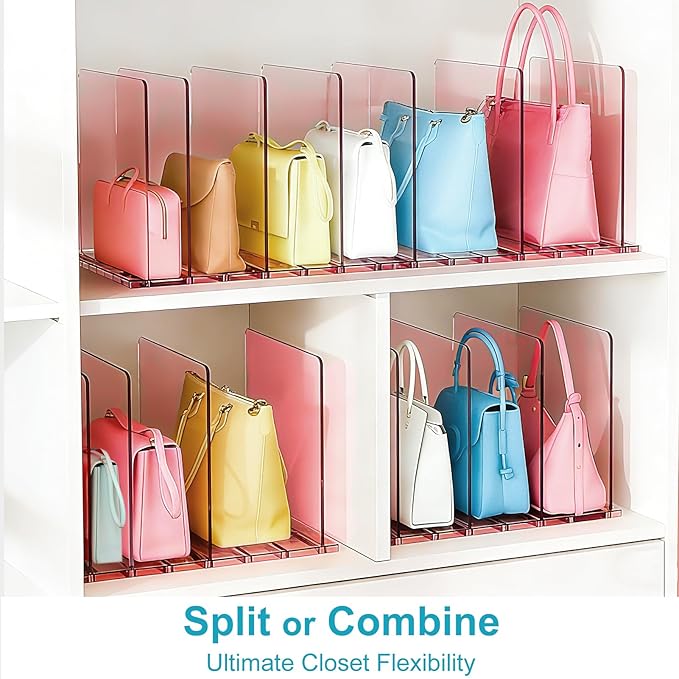 SortNStore Purse Organizer for Closet: Shelf Dividers Adjustable Acrylic Bag Closet Organizers and Storage Pink 4 Bases 14 Shelves