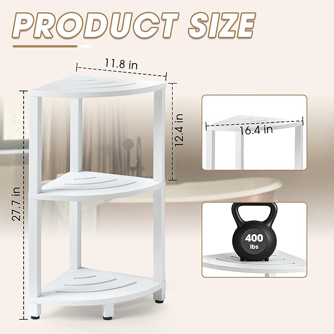 HDPS 3 Tier Floor Standing Corner Shower Caddy Organizer Shelf, Detachable Stool & Foot Rest,Waterproof & Durable Bathroom Shelves Stand Rack with Anti-Slip Feet, Space-Saving Design Storage