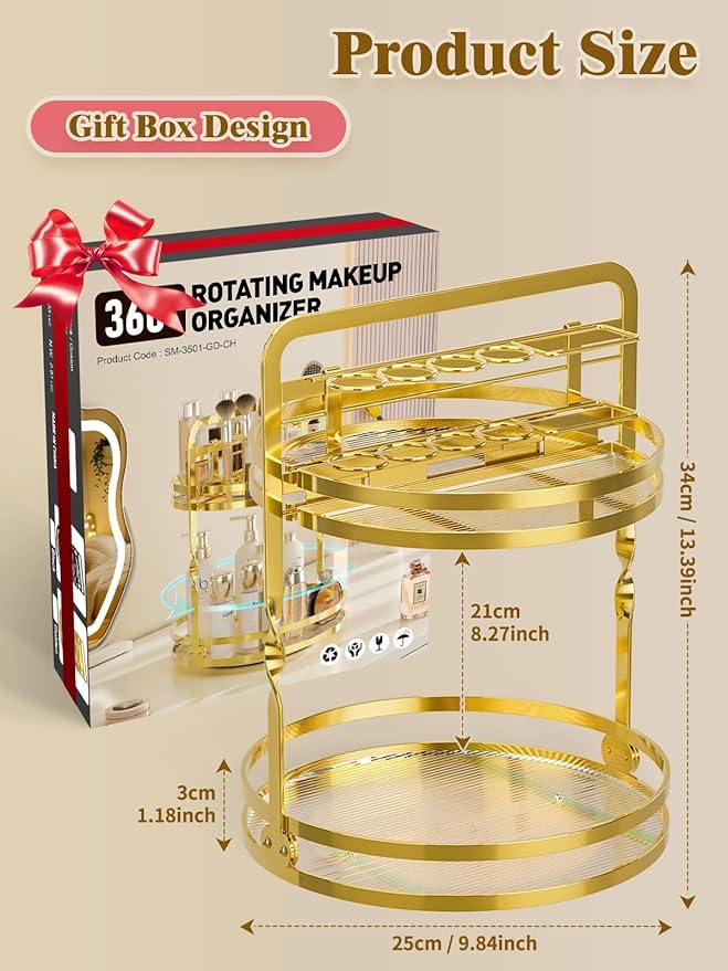 360° Rotating Makeup Organizer, 2-Tier Gold Perfume Organizer for Dresser, Bathroom Organizer Countertop, Lazy Susan Spinning Perfume Stand Vanity Skincare Storage with Makeup Brush Holder
