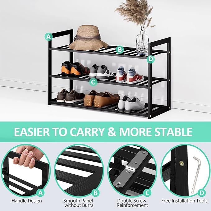 Jripae Bamboo Shoe Rack for Closet, 3 Tier 32.5inch Longer Shoe Organizer Shelf Holder Storage 12-15 Pairs Stackable for Entryway Door Hallway Bedroom Garage Space Saving Foldable Black