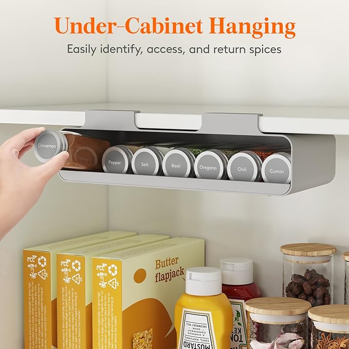 Lifewit Under Cabinet Spice Rack Organizer with 7 Jars, Lables, Under Shelf, Easy Refilling with Silicone Funnel,Seasoning Organizer for Kitchen Storage Solution, Gray