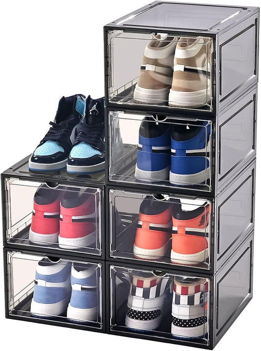XL Shoe Storage Box, 6 PACK Shoe Boxes Clear Plastc Stackable Organizer