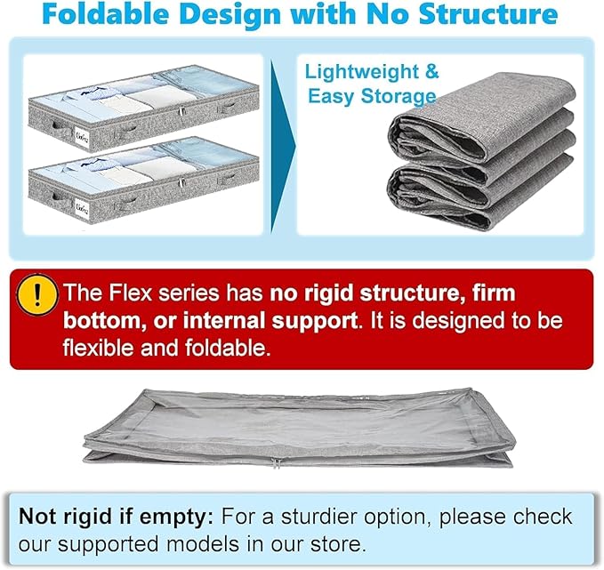 3 Inch Low Profile Under Bed Storage Drawer 4 Pack, Lightweight Underbed Clothes Storage Container Bins With NO STURCTURE, Shallow Storage Bag for Dorm & Home, With Clear Lids & Water-Resistant Fabric