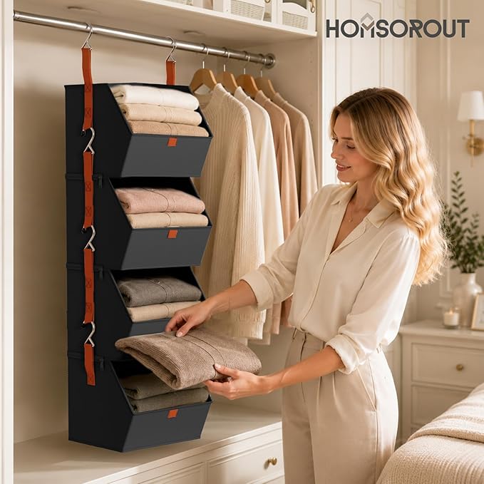 Homsorout Hanging Closet Organizer 4 Tier - Clothes Hanging Shelves, Space-Saving Closet System, Fabric Storage Bins Bedroom Organization, Collapsible Baskets for Home, Dorm, Rv, Black, 8 Pack
