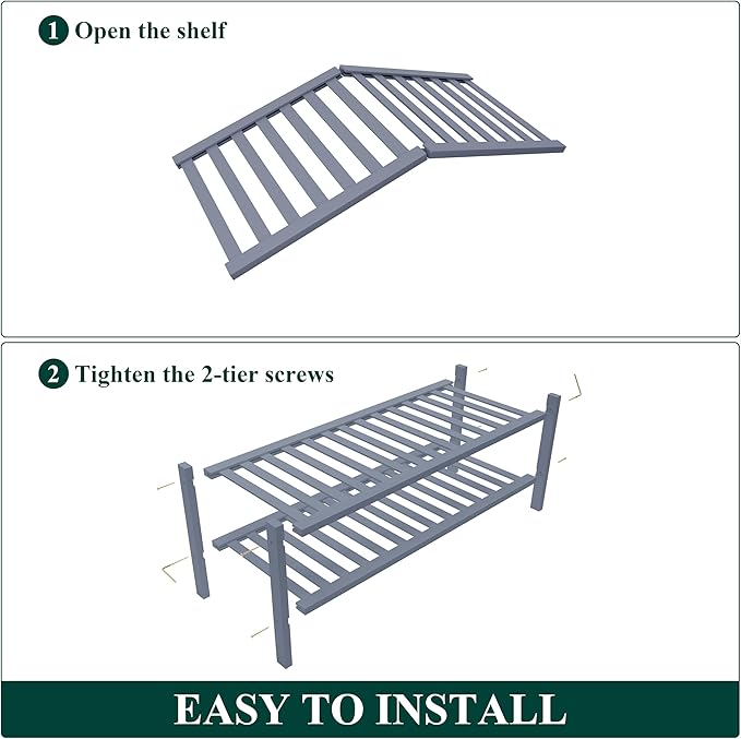 Smiry Bamboo Shoe Rack for Closet, 2 Tier Wooden Shoe Organizer, Stackable Wood Shoe Storage Shelf for Entryway, 14 Vertical Slats, One-piece Heavy-Duty Legs, 26.77"x11.02"x12.99", Grey
