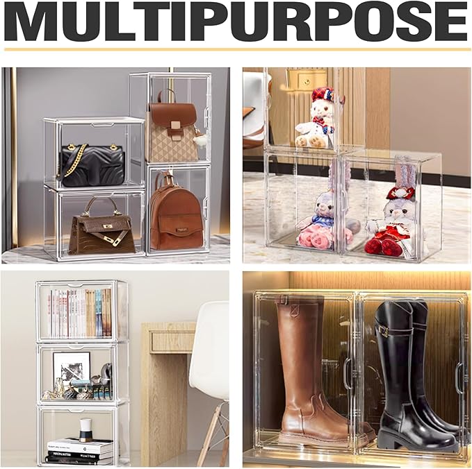 XX-Large Acrylic Display Case for Boots and Collectibles, Clear Stackable Boot Storage Box with Magnetic Door, XXL Shoe Storage Organizer for Cowboy Boots, Barbie Dolls, Hats and Display Items