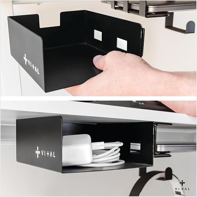VI+AL Under Desk Laptop Mount - Hidden Metal Shelf with Side Storage, Hook & Cable Organizer - Installs with Tape & Screws - Fits Devices up to 1.7" Thick - Deluxe