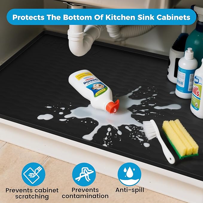URMONA 16'' x 10'' Waterproof Silicone Under Sink Mat Cabinet and Counter Protector, Shelf Liner for Kitchen and Bathroom, Storage and Organizers, Litter Mat, Pet Cat Puppy Essentials（Charcoal）