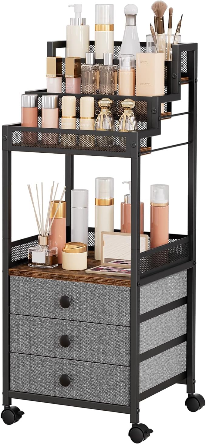Display Riser Stand Perfume Cologne Organizer, 13in Rolling Makeup Storage Cart with Fabric Drawers, Floor Vanity Cosmetics Display Cases for Skin Care Nail Polish Figures Rustic Brown