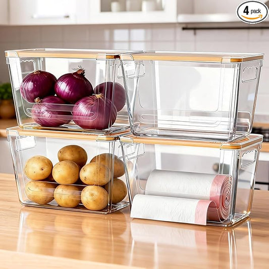 4 Pack Clear Storage Bins with Bamboo Lid, Garbage Bag Dispenser