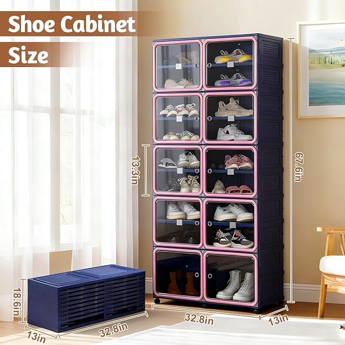 Collapsible Shoe Rack Organizer, 9 Tiers-36 Pairs Foldable Shoe Cabinet with Magnetic Clear Door, Large Plastic Folding Shoe Cabinet Blue & Pink, Easy Assembly Shoe Shelves Organizer for Entryway