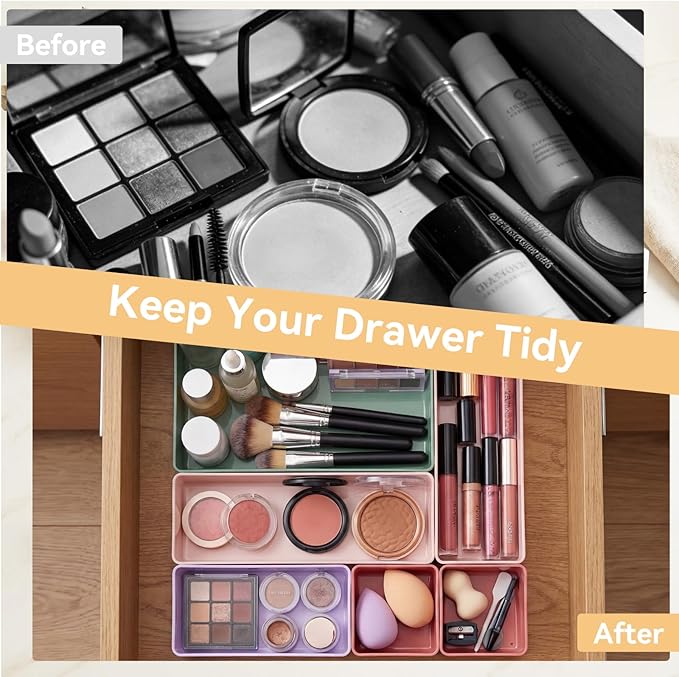 Teenyyou 18 Pcs Drawer Organizer Stackable 4 Size Makeup Drawer Organizer Trays Acrylic Bathroom Vanity Storage Bins for Cosmetic, Jewelries, Office Supply, Kitchen Utensils(Multicolor,Glossy)