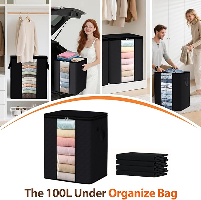 4 Pack 100L Clothes Storage, Foldable Thick Fabric Blanket Storage Bags, Black