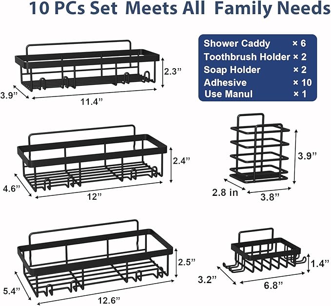 10 Pack Shower Caddy Organizer Rack Shelf for Inside Shower, Black