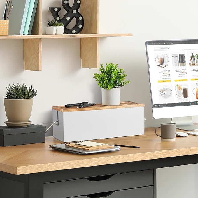 Large Cable Management Box, Wooden Cord Organizer Box for Desk, Floor, White