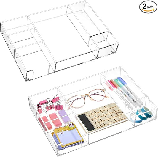 Briwooody 2 Pcs Clear Acrylic Desk Drawer Organizer 12 x 8 x 1.77 Inch Drawer Organizer Trays with 6 Compartments Desk Accessories for Office Makeup Silverware Bathroom