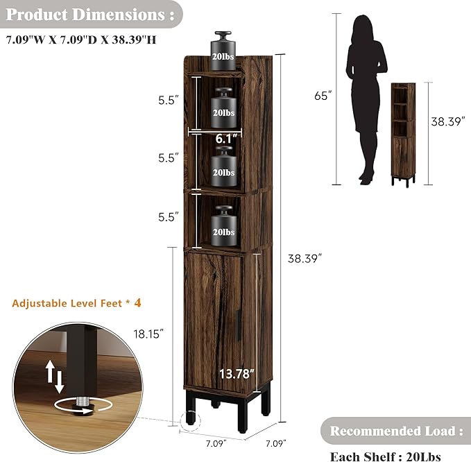 Small Bathroom Storage Cabinet, Walnut, 5-Tier